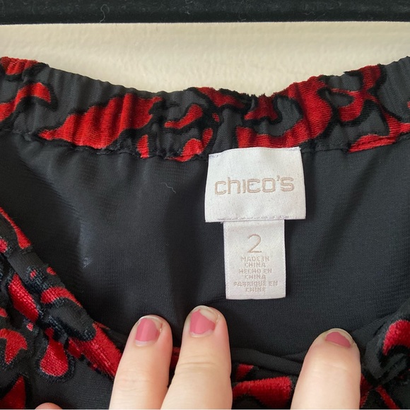 Chicos• red black velvet statement off the shoulder lace detail top - Picture 7 of 9